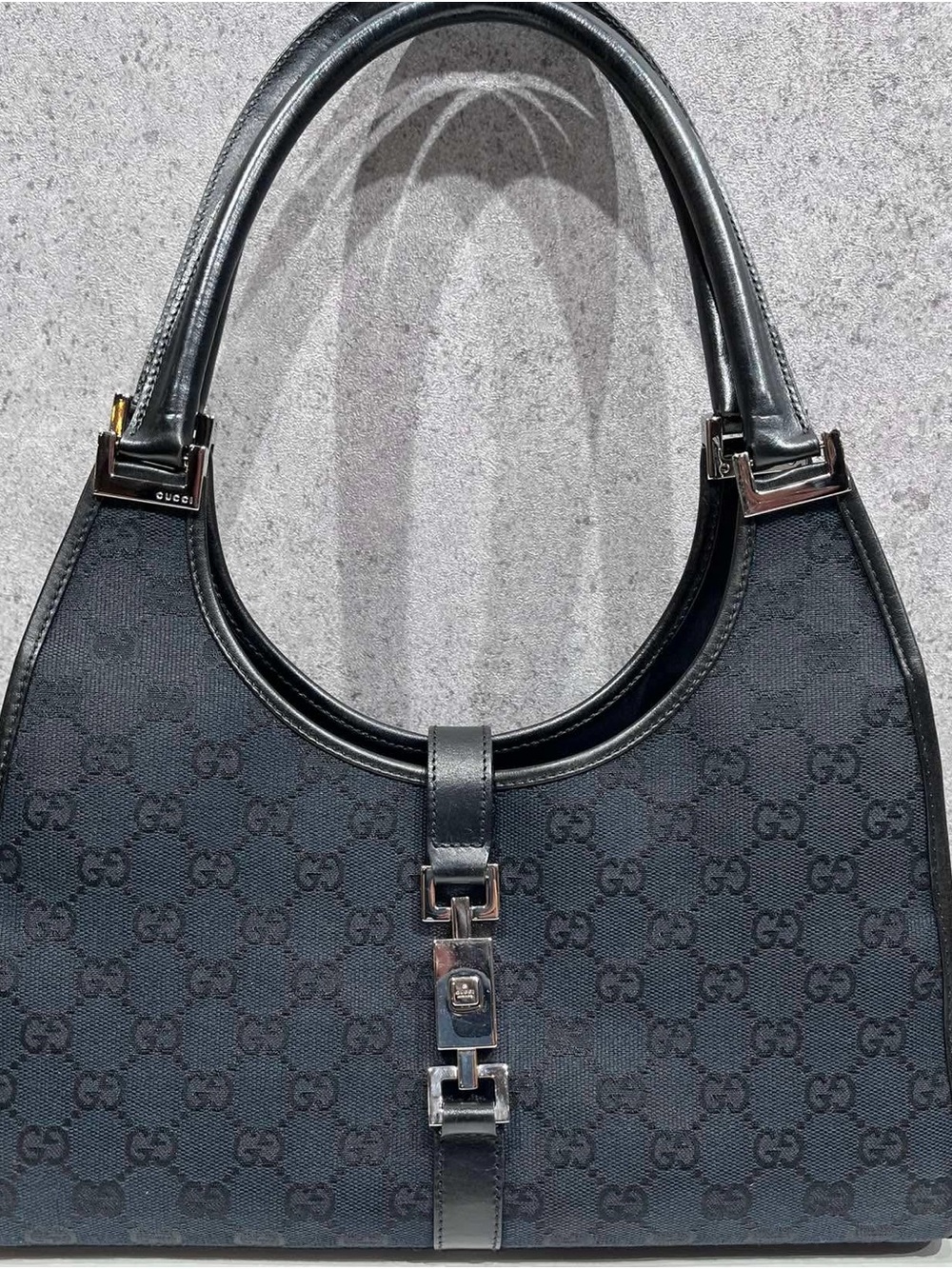 Gucci Black GG Canvas Shoulder Bag with Silver Hardware